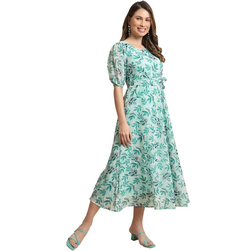 Preneum WomenS Maxi Fit & Flare Latest Style Print Georgette Regular Sleeves Casual Summer Maxi | Festival & Occasion, Sky Blue
