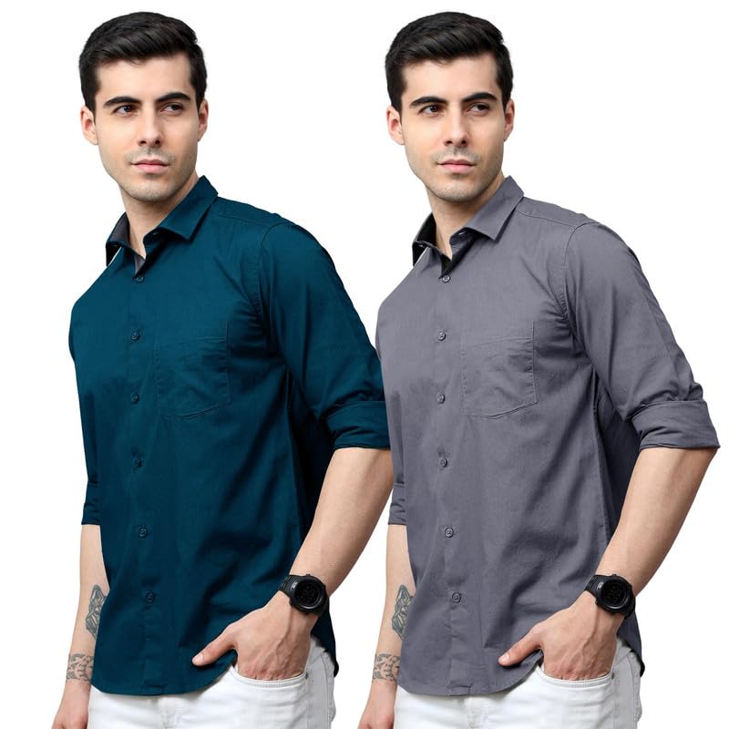 Tee Projekt Cotton Shirt for Men ll Front Pocket Shirt ll Stylish Long Sleeve Shirt ll Soild Regular Fit (Pack of 2) Teal-Grey