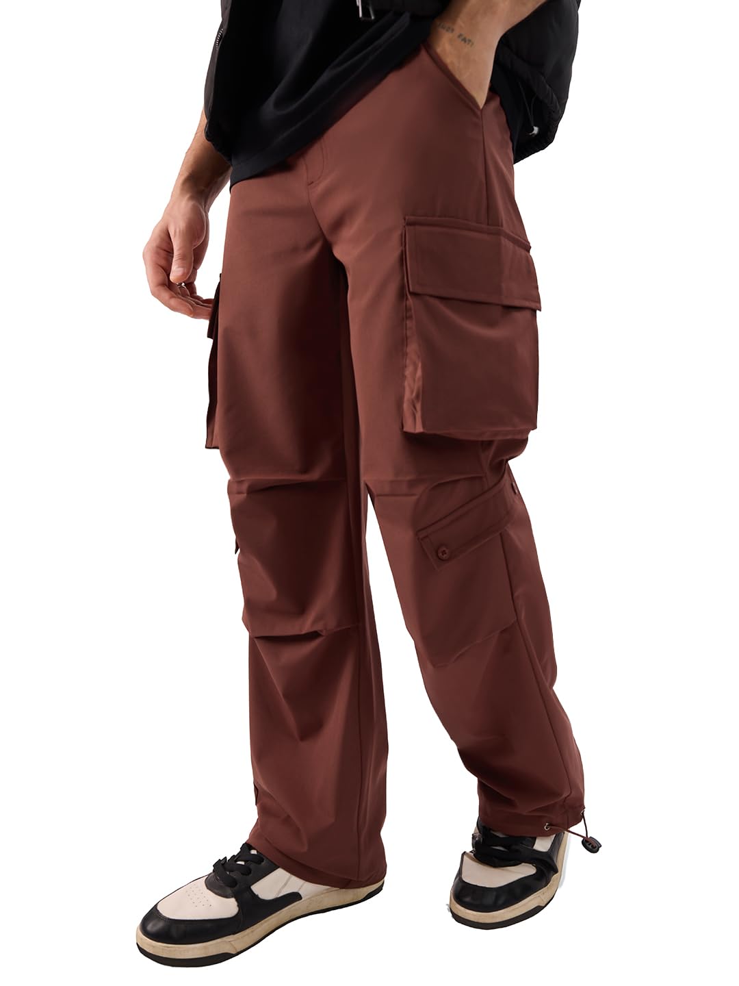 The Souled Store Solids: Deep Brown Men and Boys Elasticated Toggles Leg Closure Cotton Baggy Fit Parachute Pants