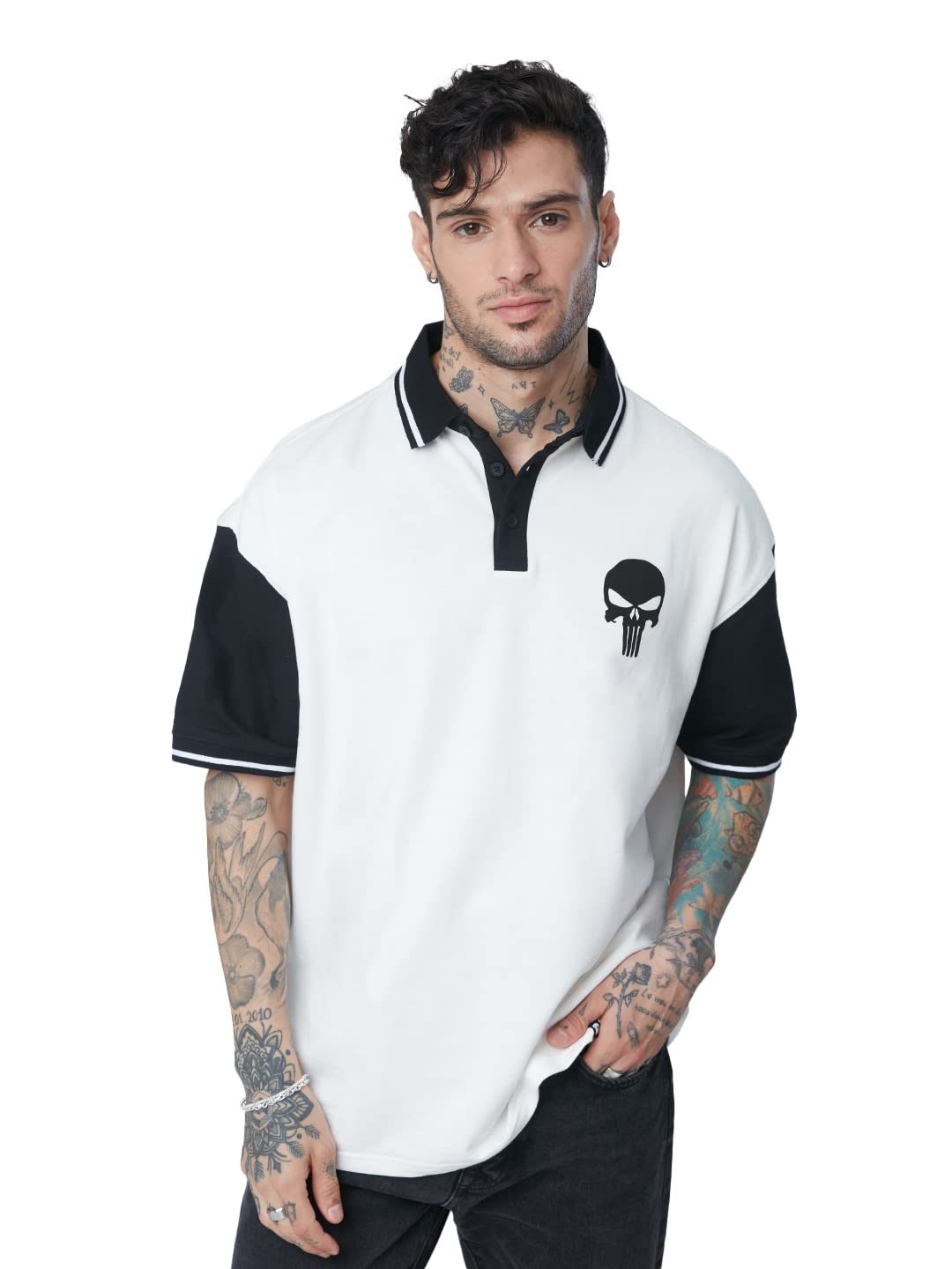 The Souled Store| Official Punisher: Logo Mens and Boys Polos|Half Sleeve|Regular fit Graphic Printed| 100% Cotton White & Black