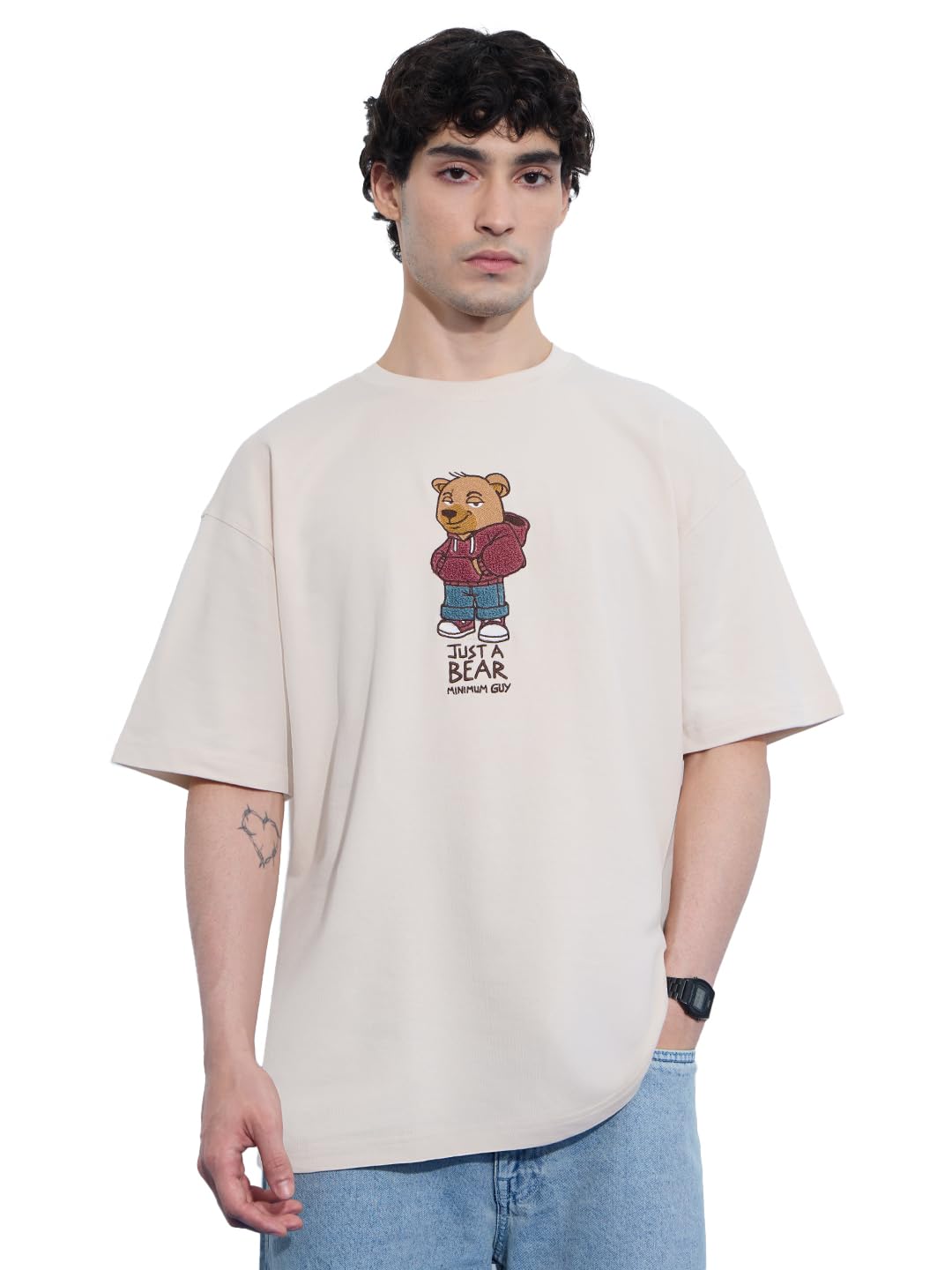 The Souled Store Oversized T-Shirt: Bear Minimum Men and Boys Short Sleeves Round Neck Beige Graphic Printed Cotton Oversized T-