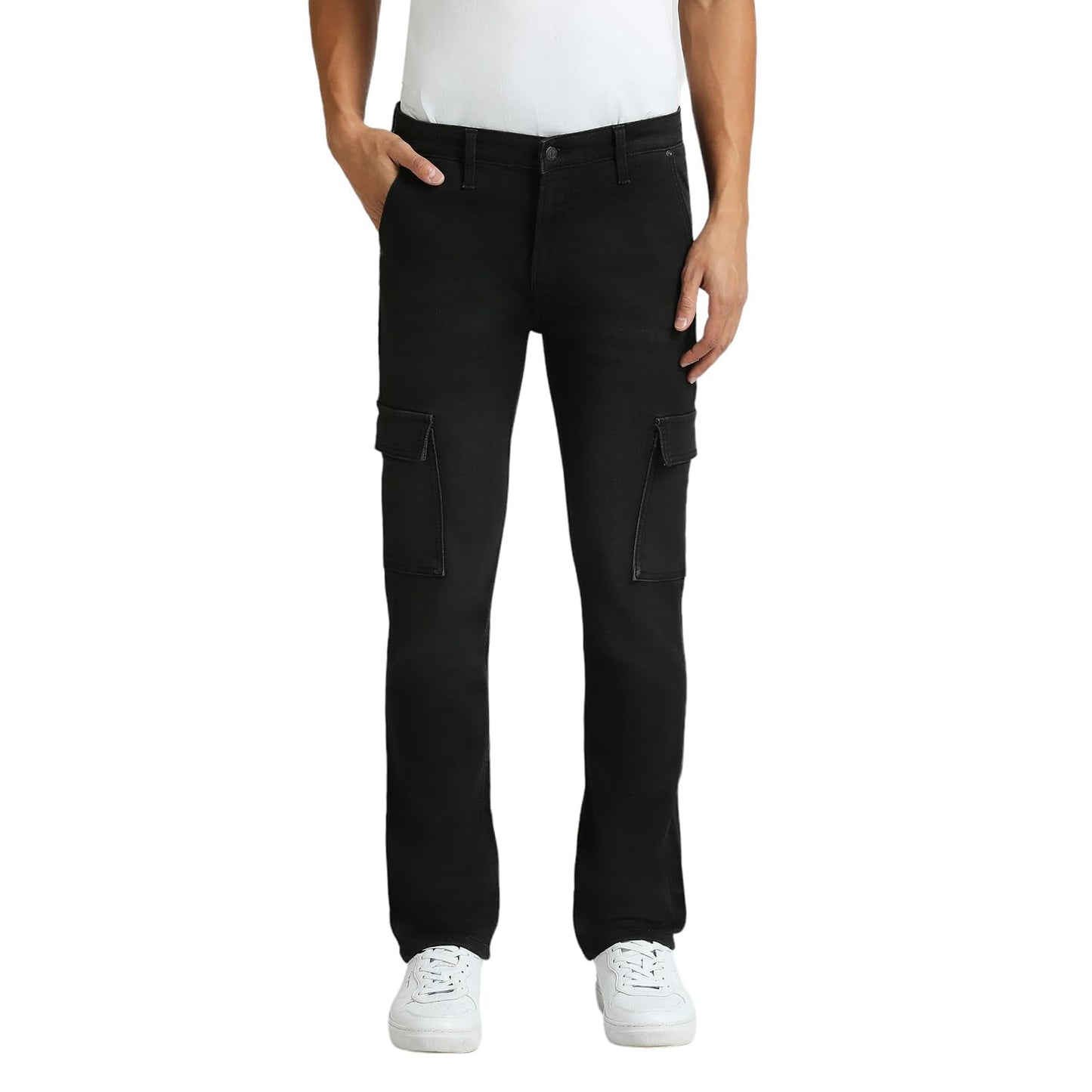 Cargo Straight Mid Rise Black Jeans