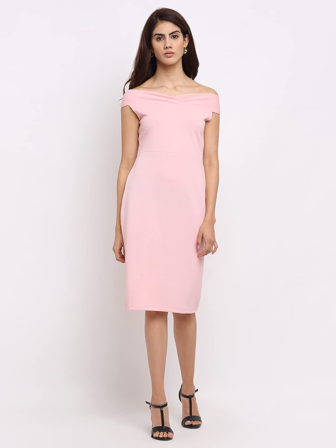 Shasmi WomenS Comfortable Peach Sweetheart Neck Sleeveless Solid Midi Bodycon Casual Western Stylish Dress For Womens/Midi Dres