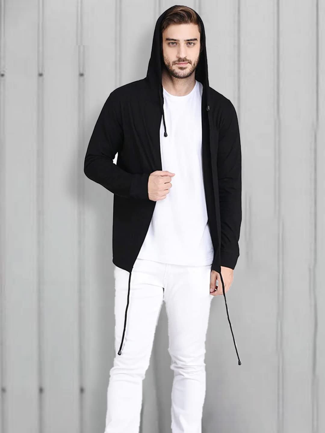 Rigo Men Black Hooded Long Sleeves Cotton Slim Fit Open Long Cardigan | Full Sleeves Shrug for Men