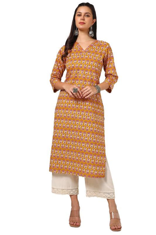 Soch Womens Mustard Cotton Botanical Print Kurta With Gotta Patti