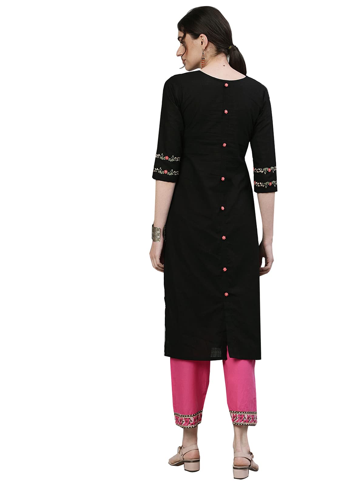 ishin Women's Cotton Straight Embroidered Thread Work Floral Print Black Kurti