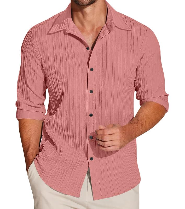 Macsivo MenS Regular Fit Casual Button Down Shirts Long Sleeve Linen Shirt Fashion Popcorn Summer Shirt Peach