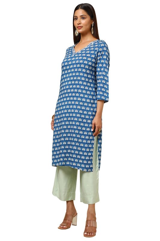 Soch Womens Blue Rayon Ethnic Motifs Kurta with Thread Work