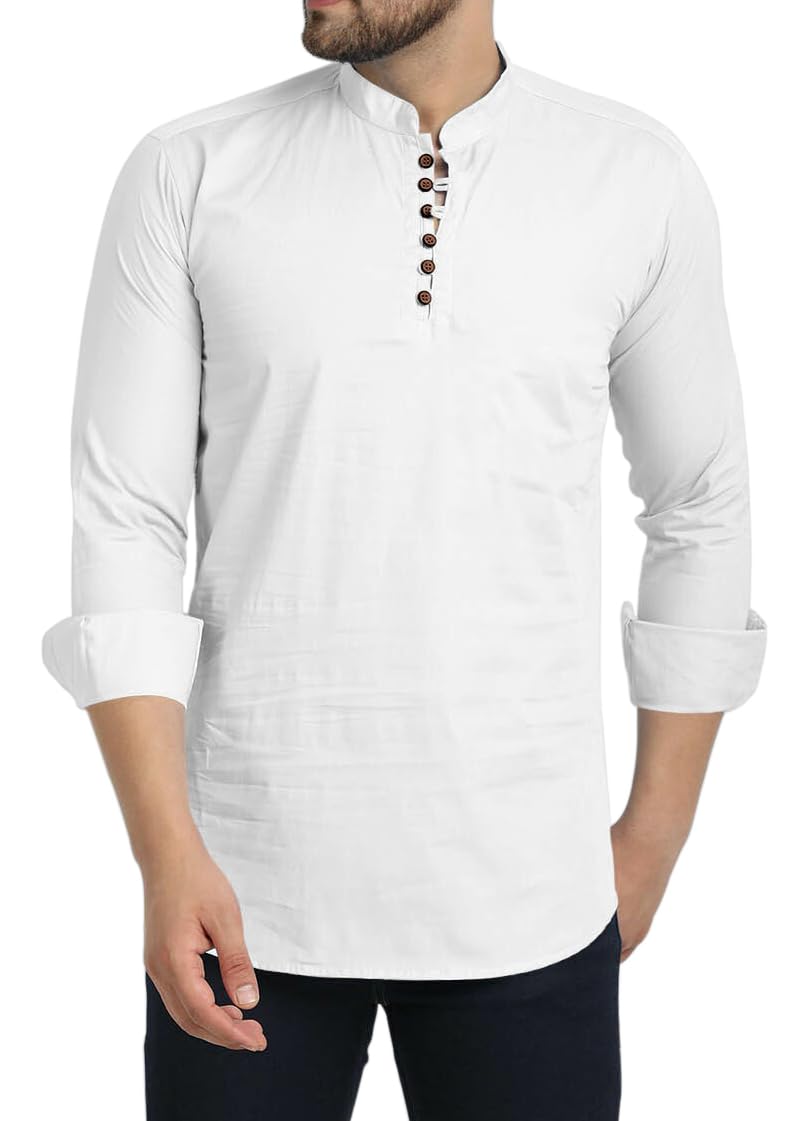 Royalscout MenS Cotton Blend Full Sleeve Short Kurta With Mandarin Collar White