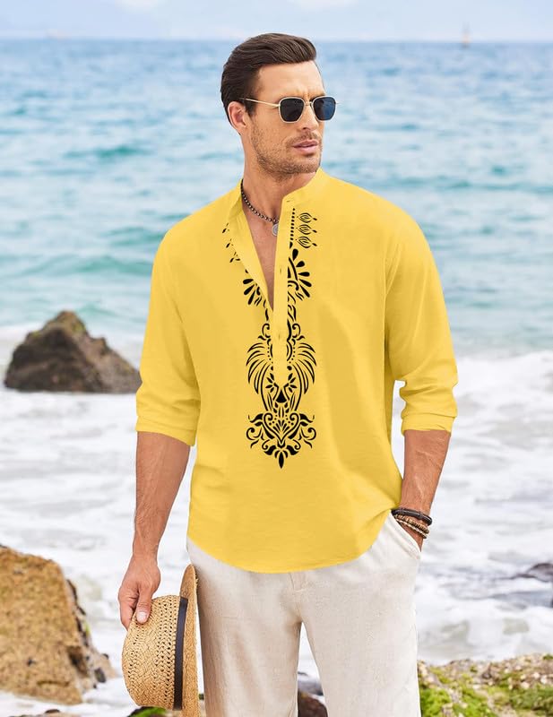 Finivo Fashion MenS Cotton Blend Short Kurta With Bold Printed Front Design | Full Sleeve Ethnic Casual Kurta With Mandarin Coll