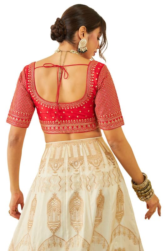 Soch Womens Red Tussar Sequin Embellished and Embroidered Front-Open Blouse