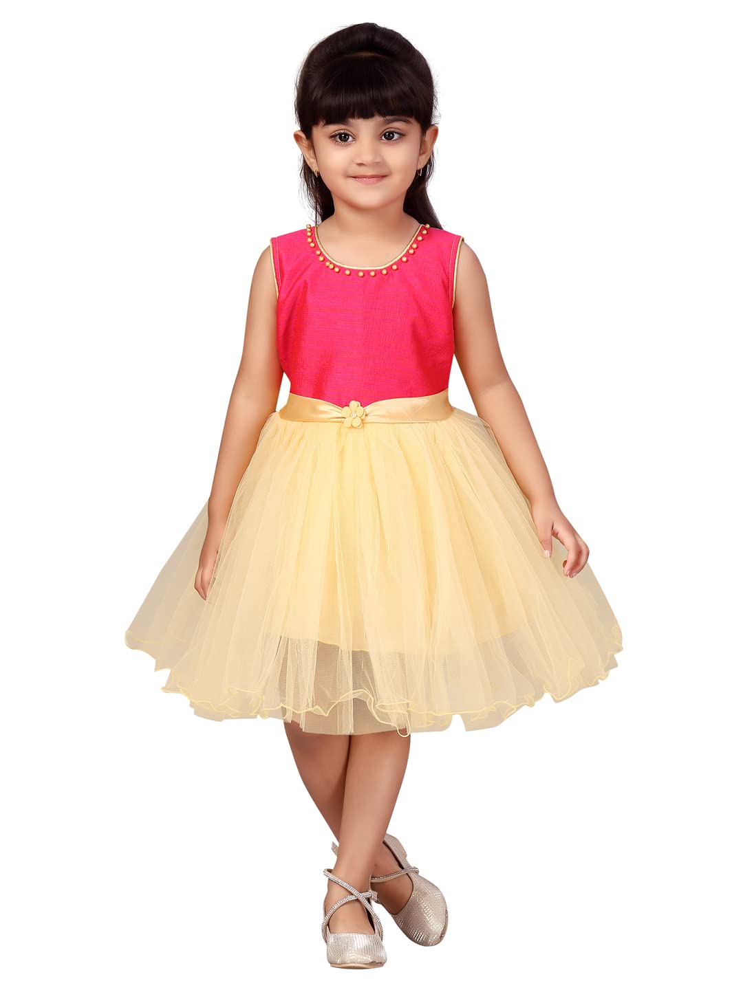 Aarika Girl's Net Fit and Flare Knee-Length Dress (FK-SHM-1505_Rani