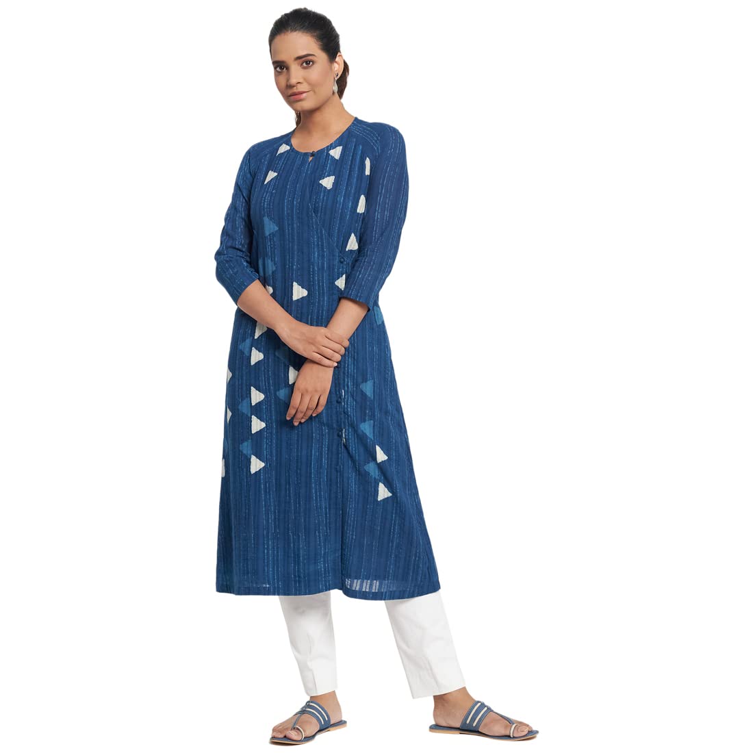 Fabindia Women Printed Straight Fit Long Kurta Cotton_Xs Blue