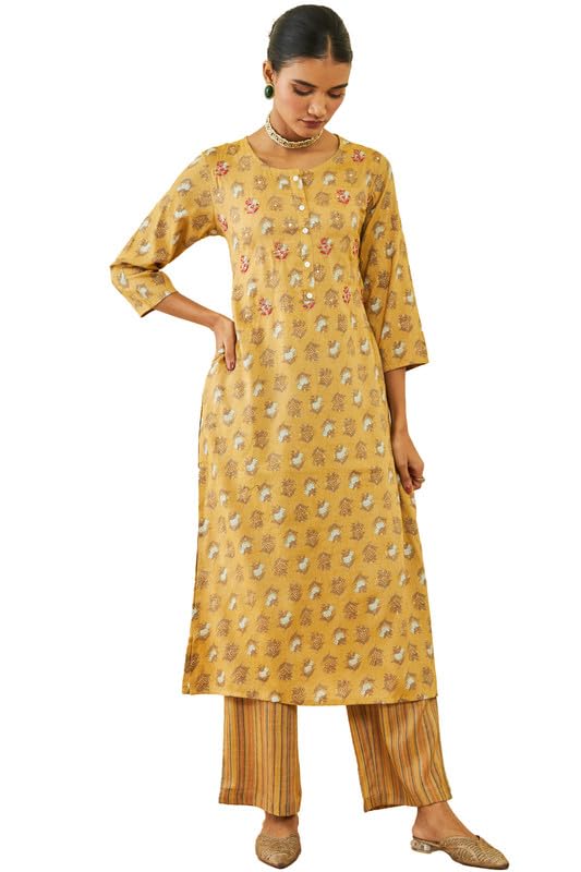 Soch Womens Mustard Rayon Floral Print Round-Neck Straight Kurta Sets with Pocket
