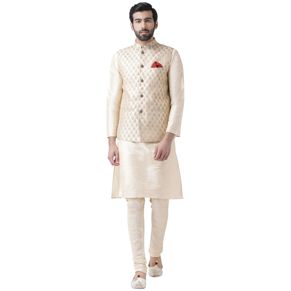 Kisah Men Red Layered Kurta Churidar With Nehru Jacket, Full Sleaves, Knee Length, Straight, Regular Fit, Mandarin Collar Ethnic