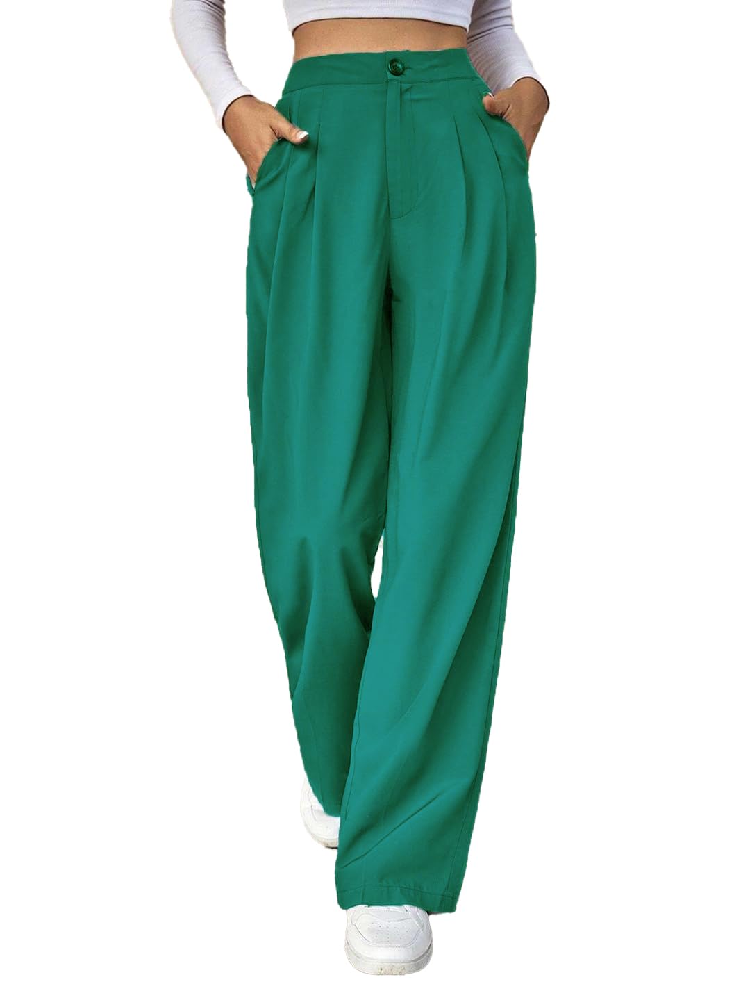 Kotty WomenS Cotton Blend Straight Fit Cross Pocket Solid Trousers Teal Green