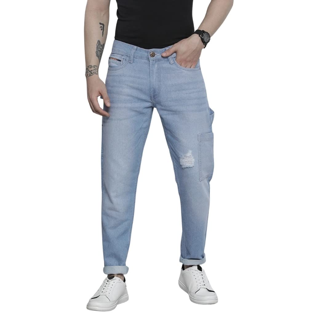 The Indian Garage Co Men Carpenter Fit Distressed Mid-Rise Cargo Denim