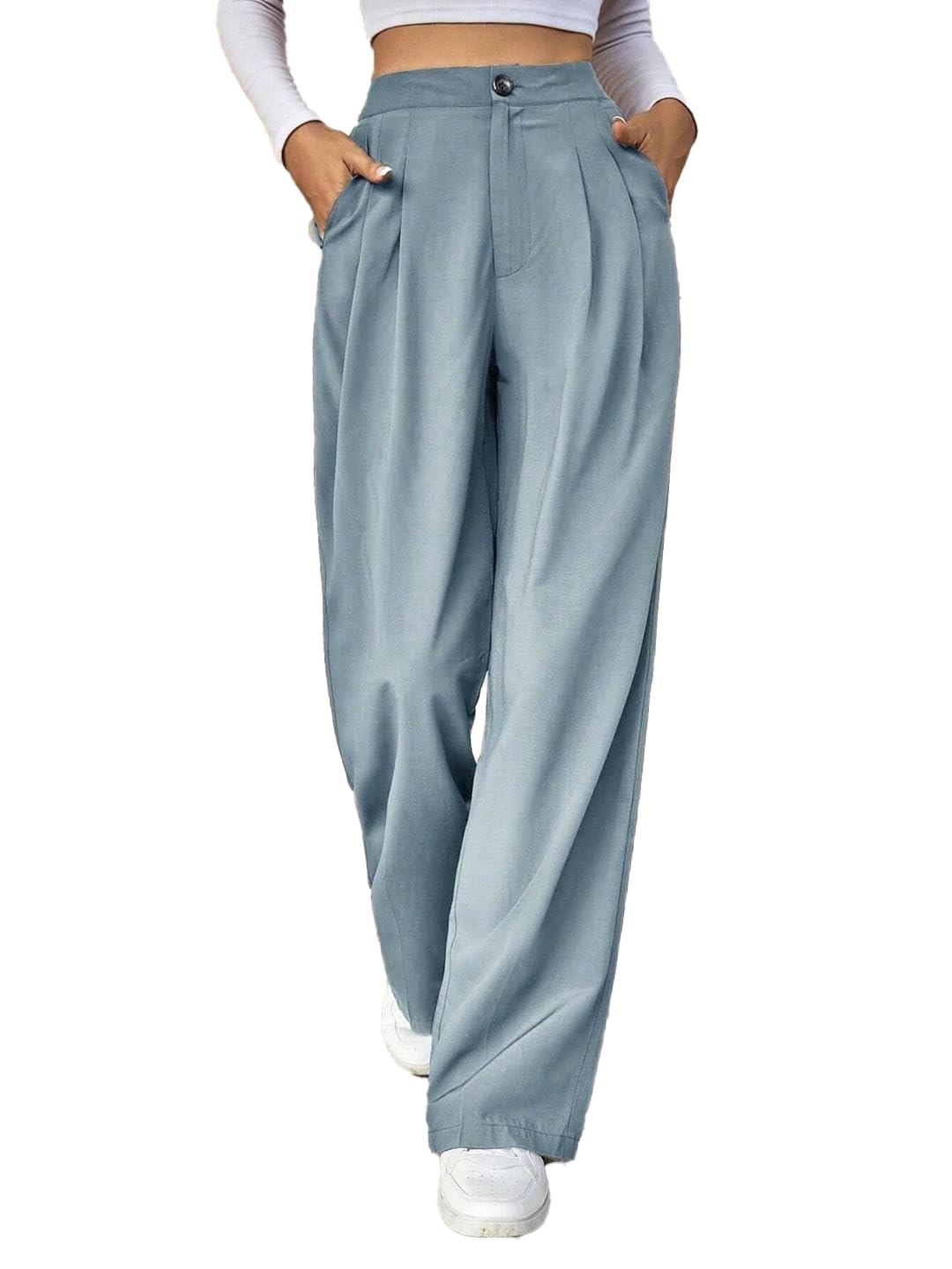 Kotty WomenS Cotton Blend Straight Fit Cross Pocket Solid Trousers Sky Blue