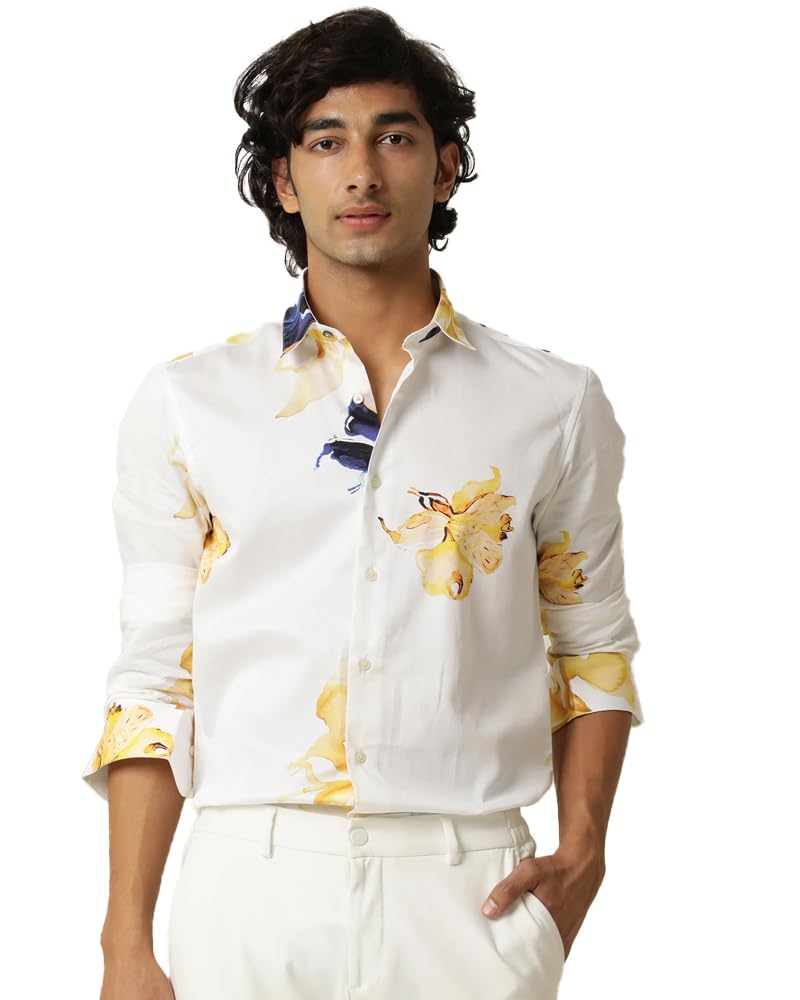 Eyebogler Men Slim Fit Floral Printed Casual Shirt White