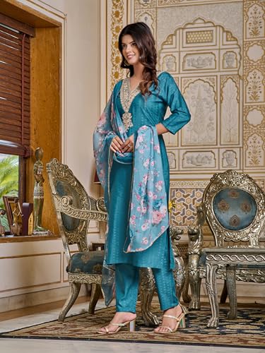 Toochki Women's Firozi Viscose Rayon Straight Embroidered Kurtis and Palazzo & Printed Dupatta Set