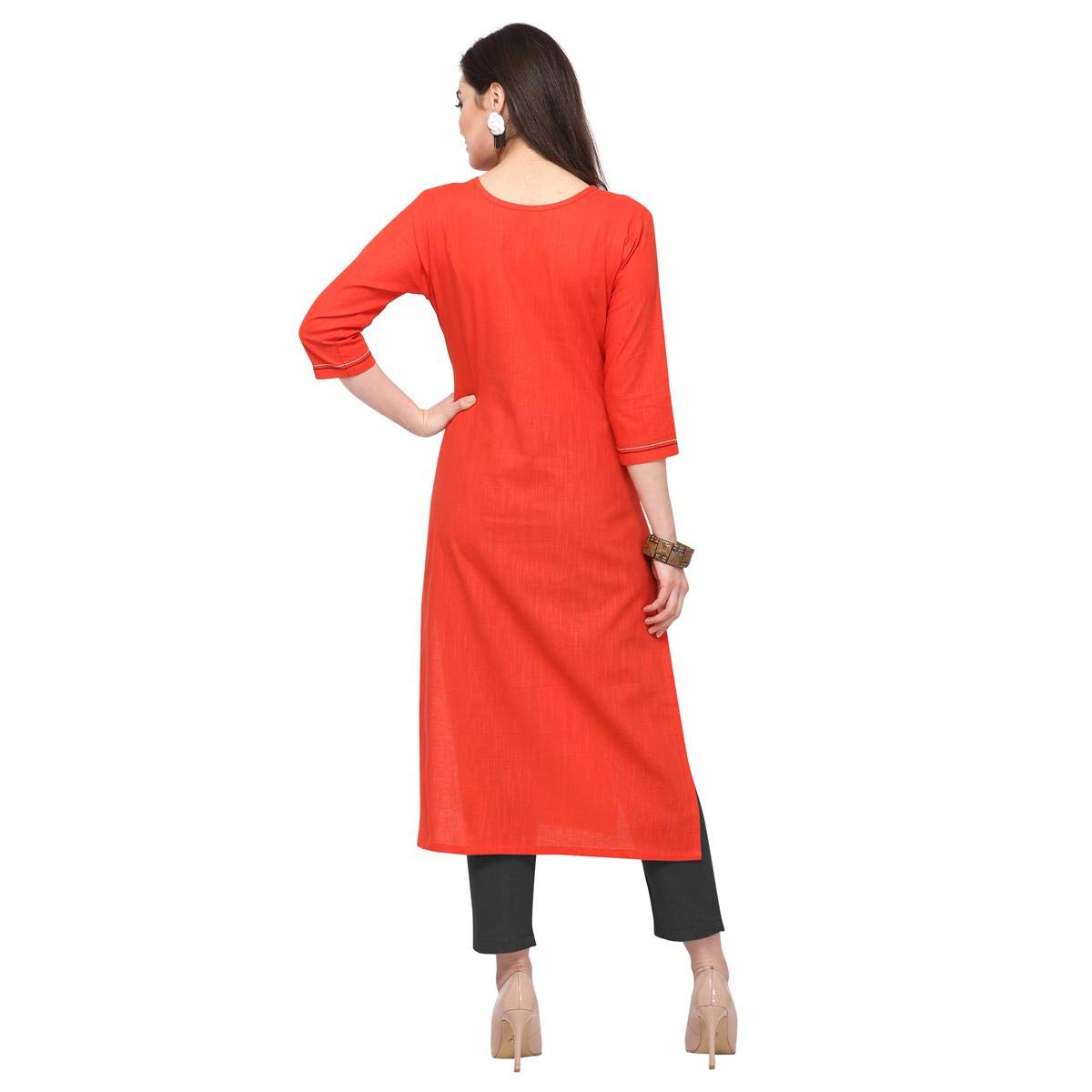 ANNI DESIGNER Women's Red Color South Cotton Calf Length Kurti (PUJA-KURTI-7006)
