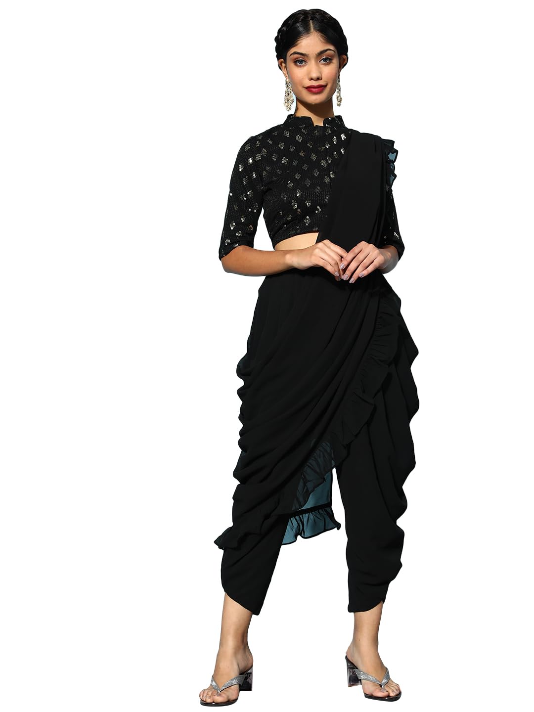 Libas WomenS Pure Georgette Saree (34064O_Black)