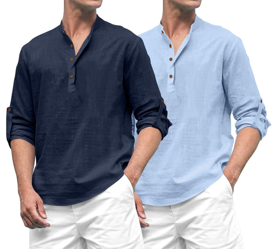 Royalscout Combo Of MenS Solid Cotton Blend Full Sleeve Straight Kurta Shirt (Pack Of 2) Navy-Sky