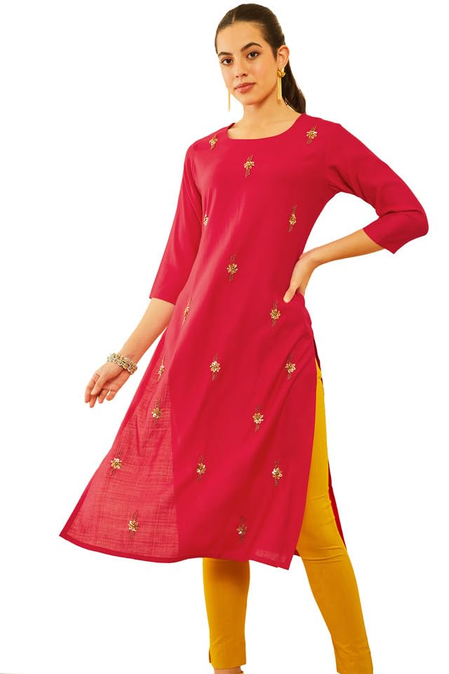 Soch Womens Red Viscose Embellished Kurta with Beads