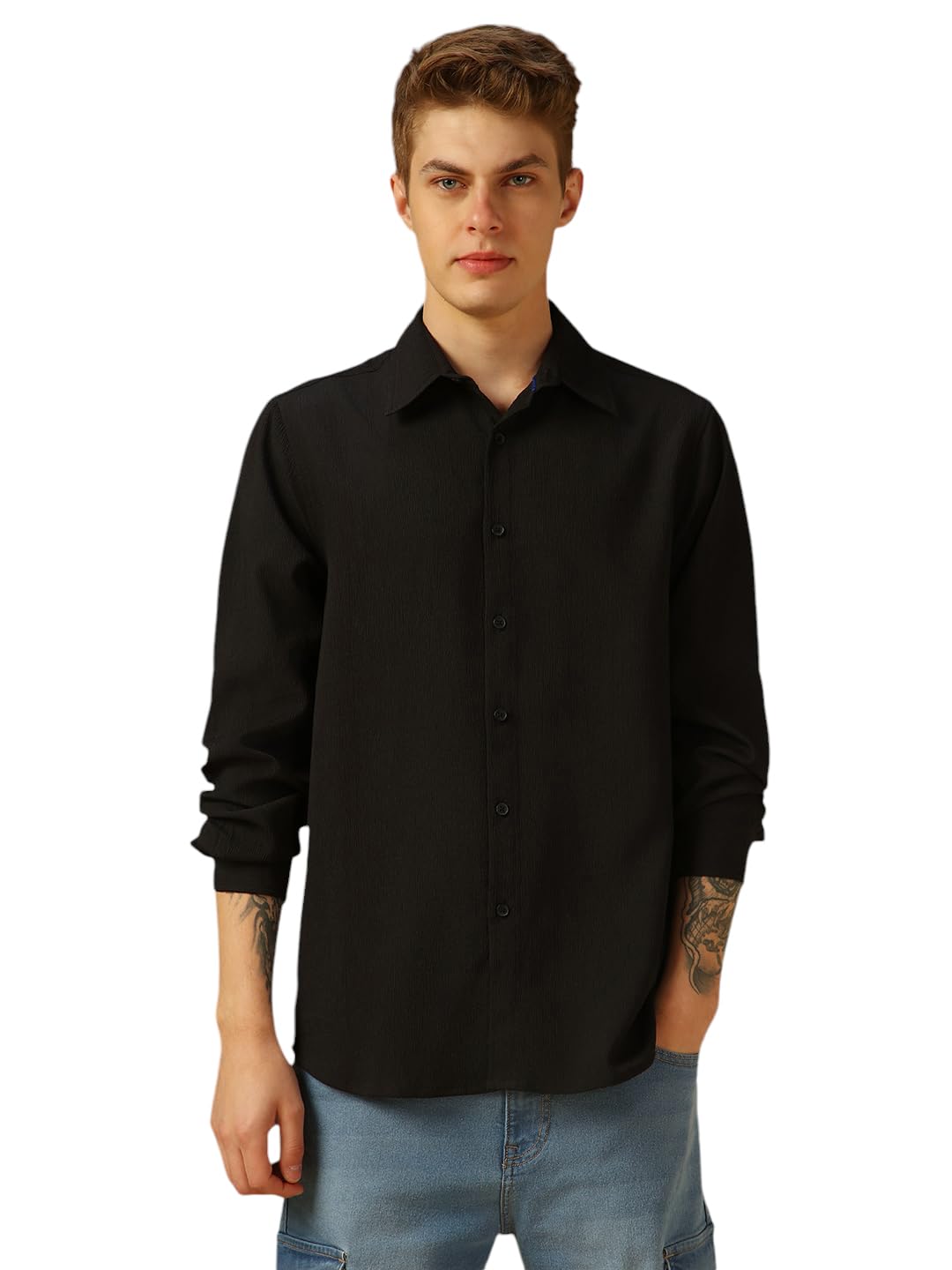 Dennis Lingo Men Black Solid Cotton Regular Fit Full Sleeve Shirts