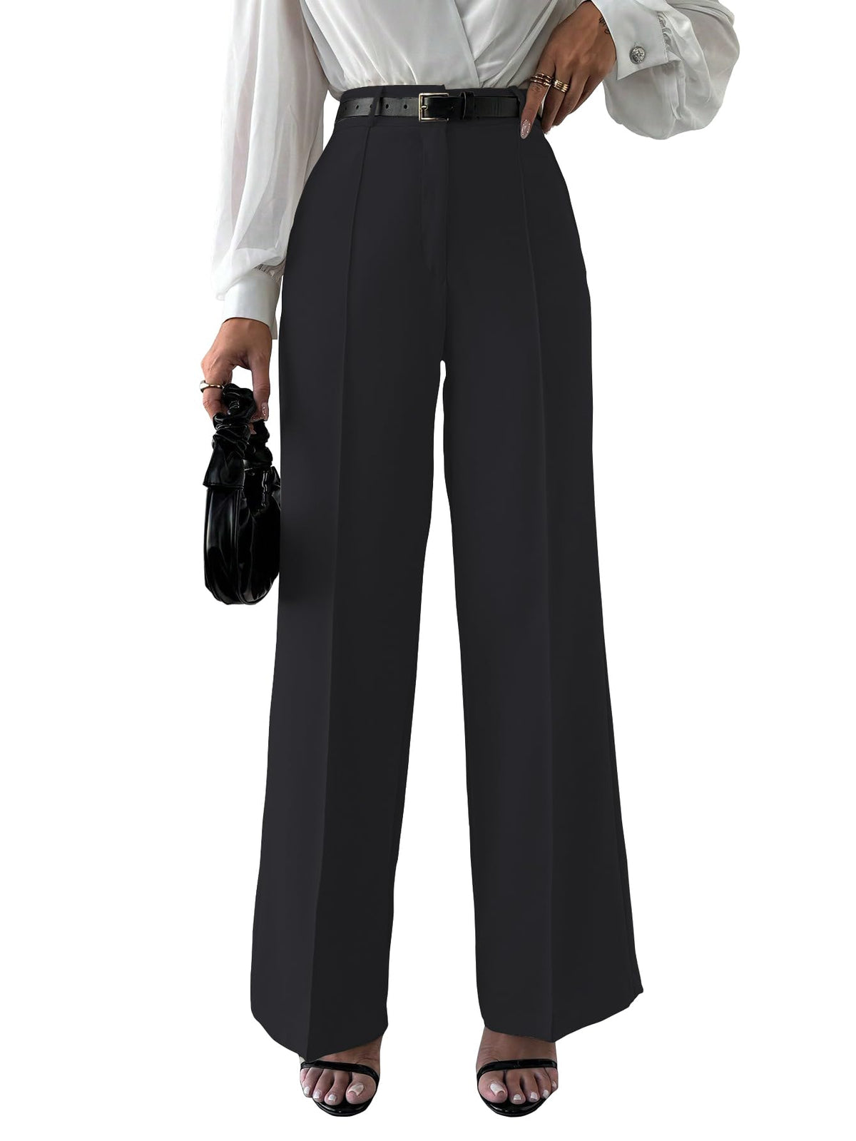 Shasmi Womens Solid Black Color High Waist, Wide Straight-Leg Loose Fit, Front Button Closure, Simple Daily Casual Long Pants w