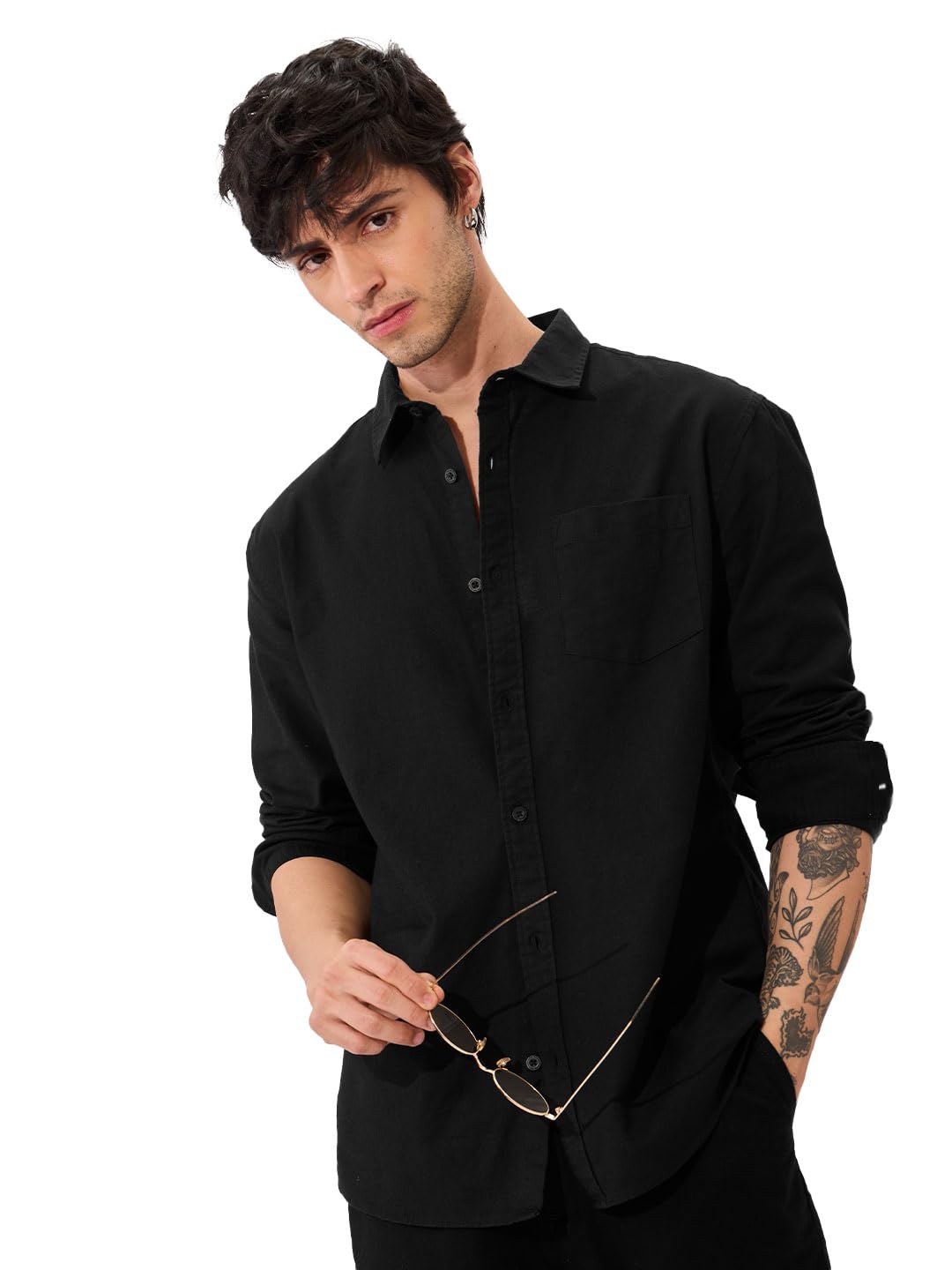 The Souled Store Solids: Midnight Black Men and Boys Collared Neck Long Sleeve Cotton Linen Shirts Solid Shirts Casual Button-Do