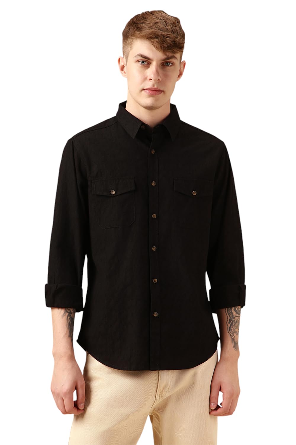 Dennis Lingo Men Black 100% Cotton Full Sleeve Spread Collar Self Design Shirts