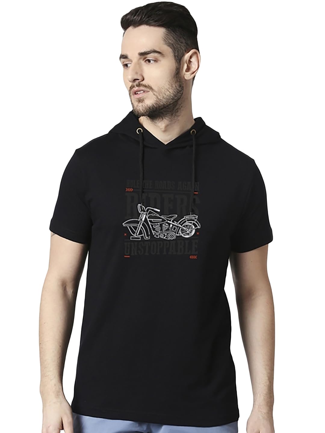 Bewakoof Mens Graphic Printed Regular Fit Half Sleeve Hooded Neck Cotton T-Shirt_ 295720 Black M