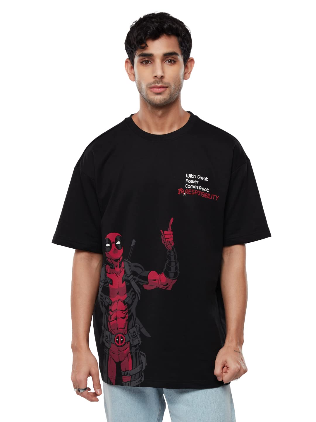 The Souled Store Official Deadpool: Great Irresponsibility Men and Boys Oversized fit Graphic Half Sleeve Cotton Black Color Ove