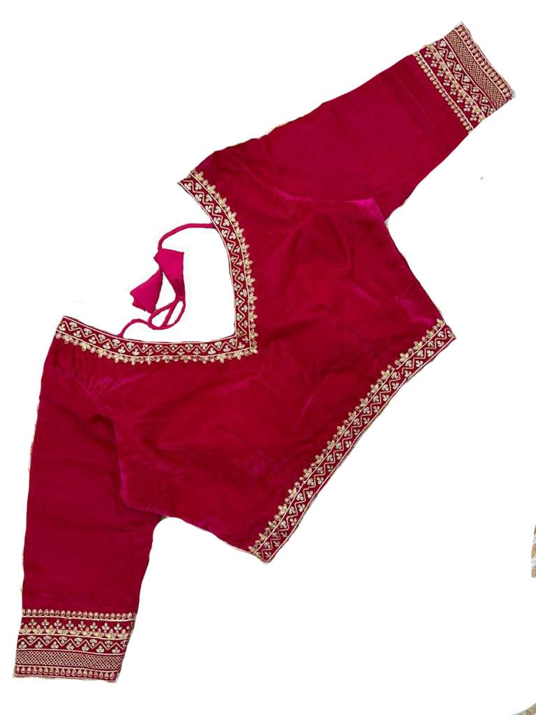 Pujia Mills Womens Velvet Blouse for Women Readymade Blouse Half Sleeves Embroidery Blouse aari Work Blouse Readymade Saree Blo