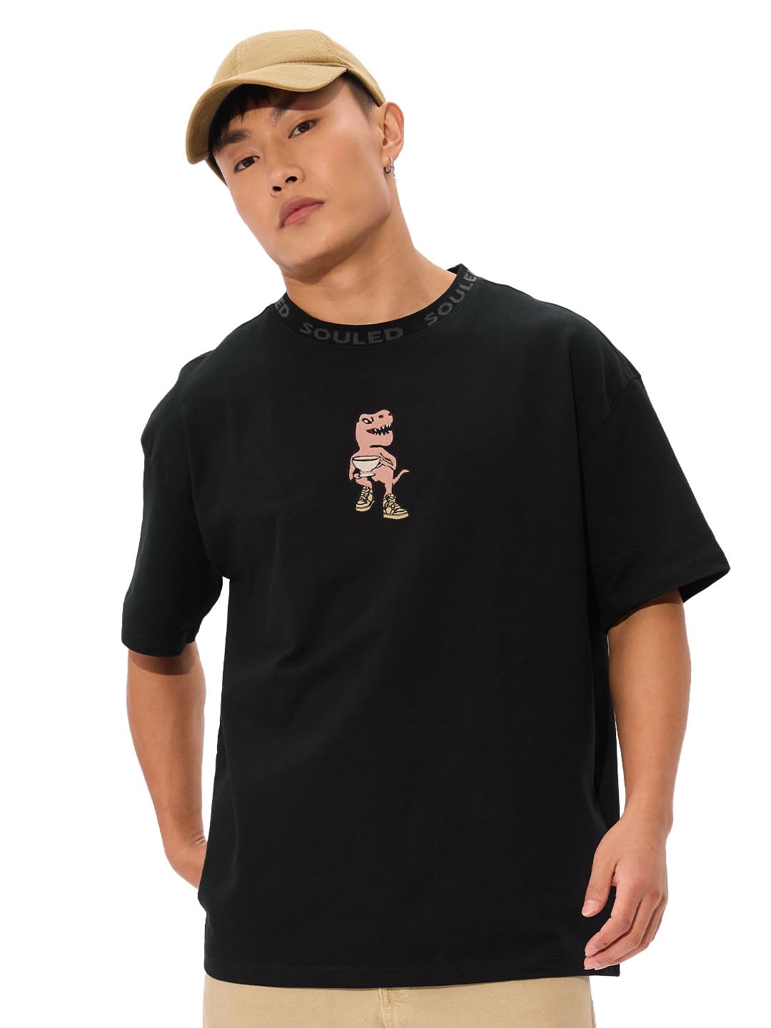 The Souled Store Tea-Rex Men and Boys Short Sleeves Round Neck Black Embroidered Cotton Oversized T-Shirts