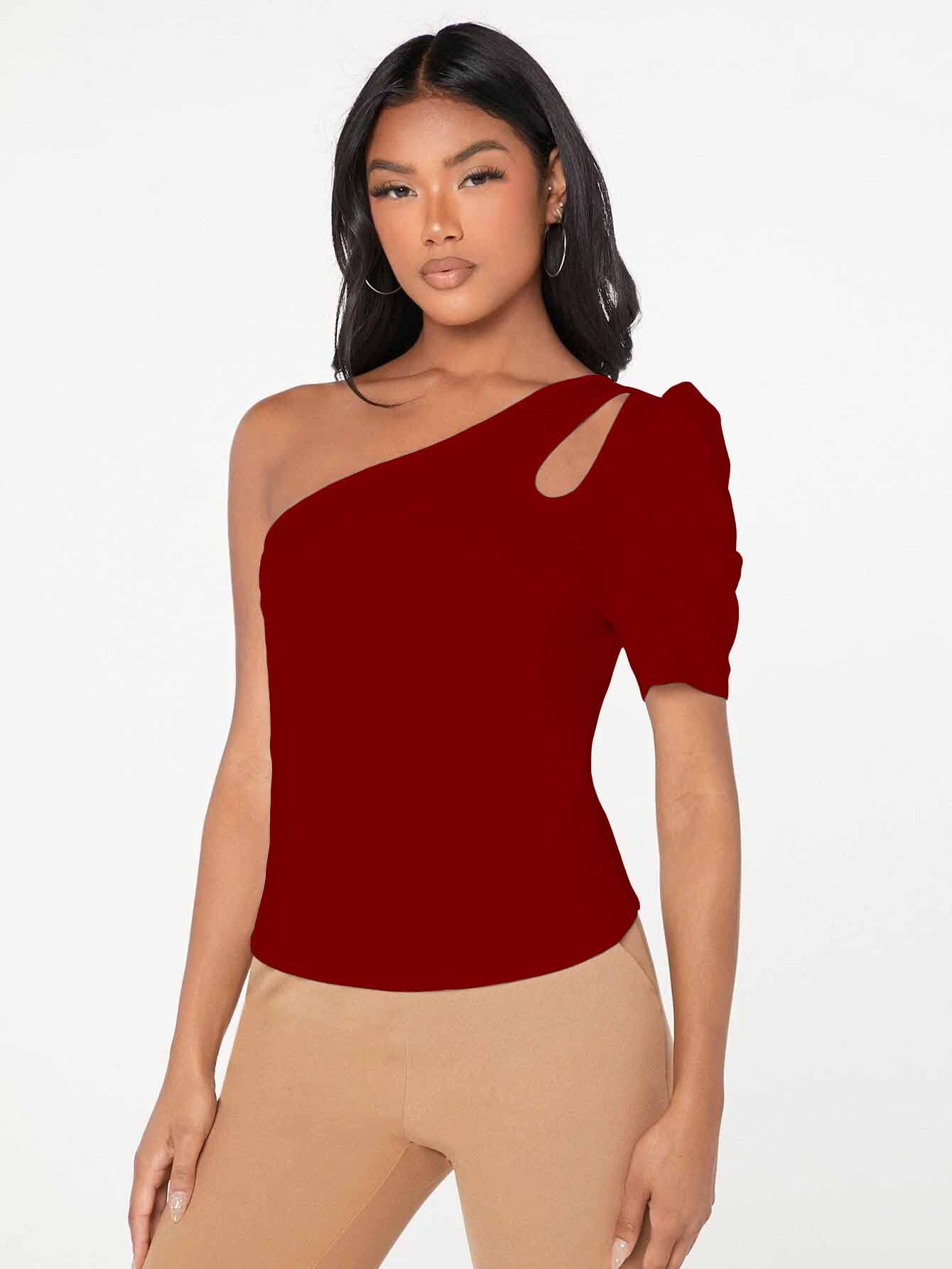 Shasmi Womens & Girls Maroon Short Puff Sleeve, One Shoulder Neck, Ruched Bust Solid Tops for Women/Tops, T-Shirts for Girls (