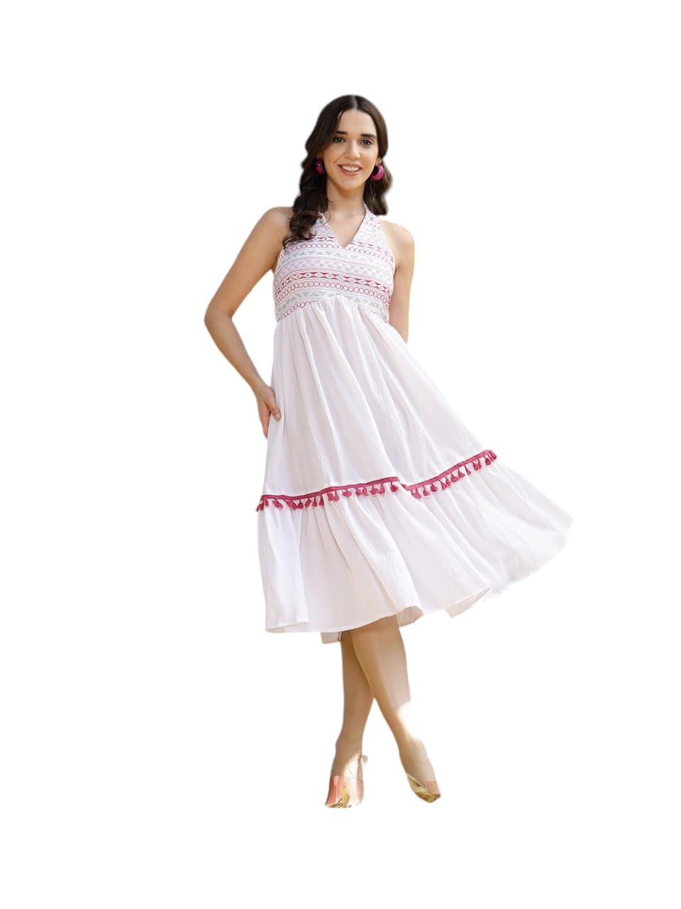 Stylum Womens Solid & Embroidered Italian Crepe Flared Dress White