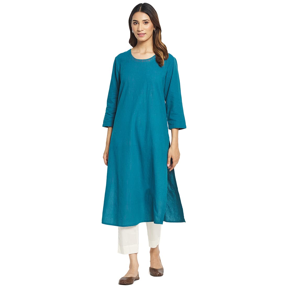 Fabindia Women Cotton Embroidered Long Kurta Blue