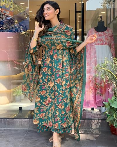 GoSriKi Women's Anarkali Kurta Set, Viscose with Palazzo & Dupatta, Small, Green, Model CIA-CLRS-GS