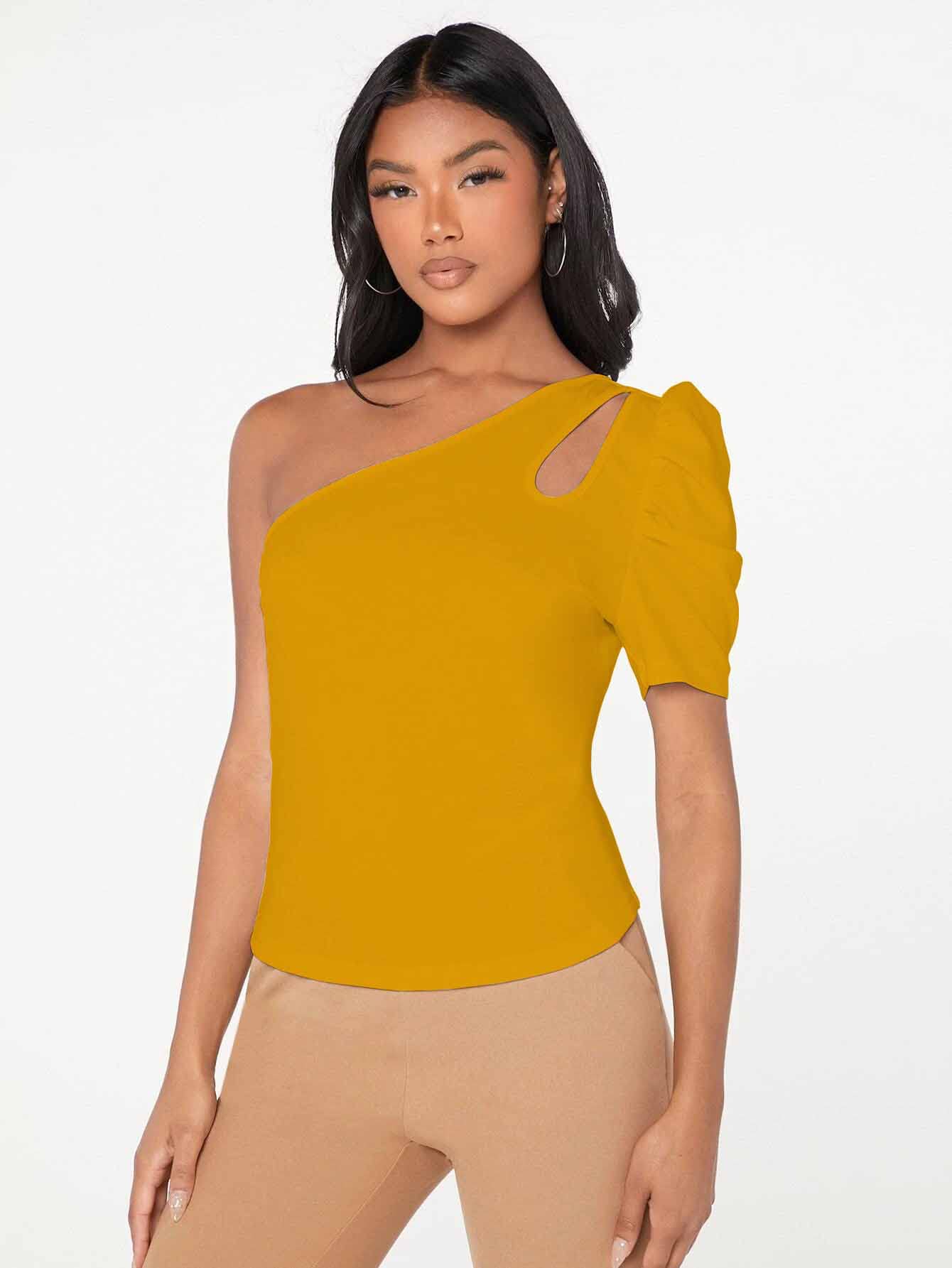 Shasmi Womens & Girls Mustard Short Puff Sleeve, One Shoulder Neck, Ruched Bust Solid Tops for Women/Tops, T-Shirts for Girls
