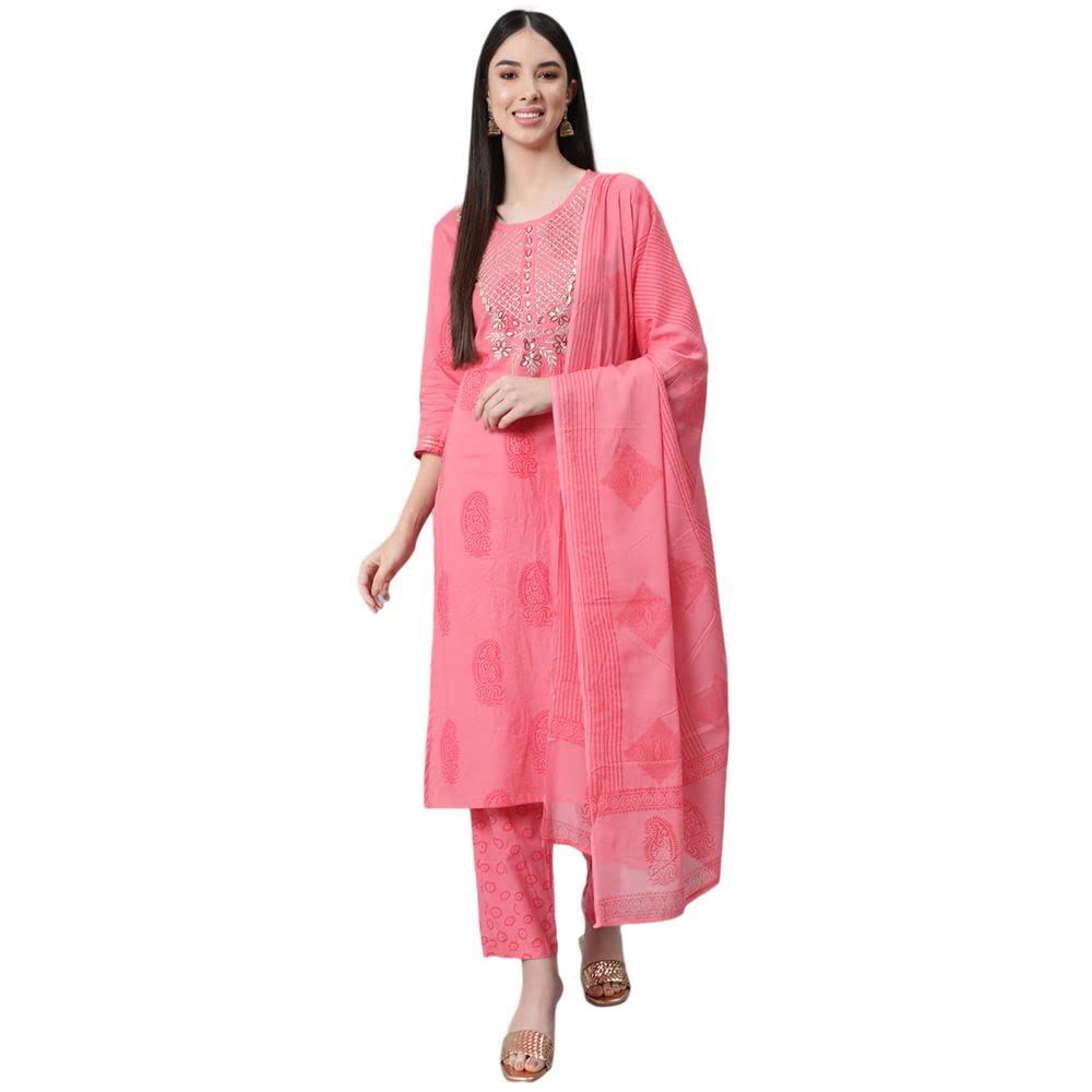 anubhutee Womens Cotton Pink Gota Patti Ethnic Motifs Printed Straight Kurta Suit Set with Pants and Dupatta