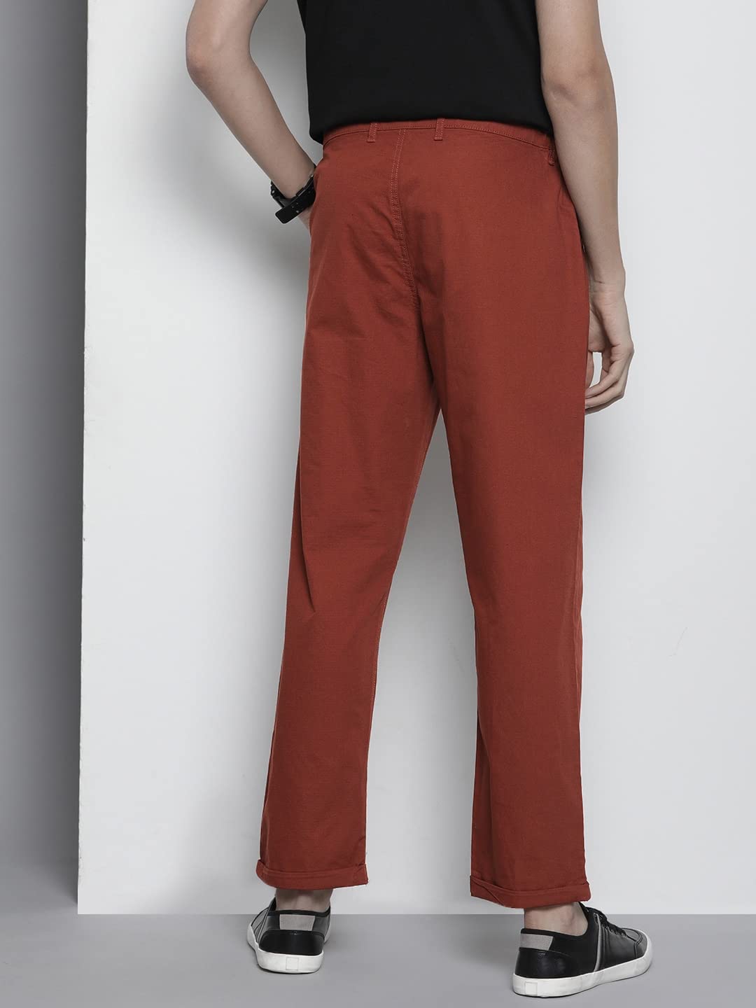 The Indian Garage Co Men Relaxed Fit Solid Mid-Rise Trousers Burnt Orange