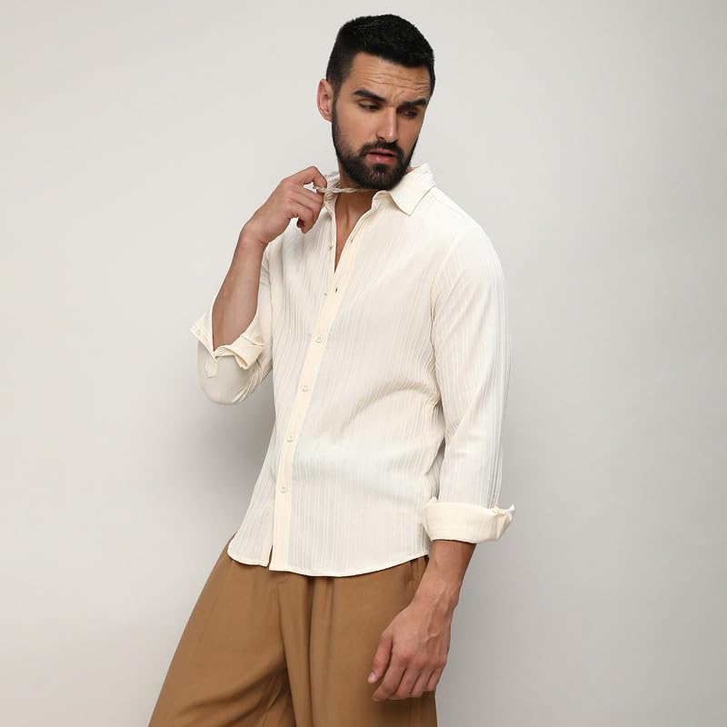 Campus Sutra Mens Pale Yellow Self-Design Striped Shirt for Casual Wear | Spread Collar | Long Sleeve | Button Closure | Shirts