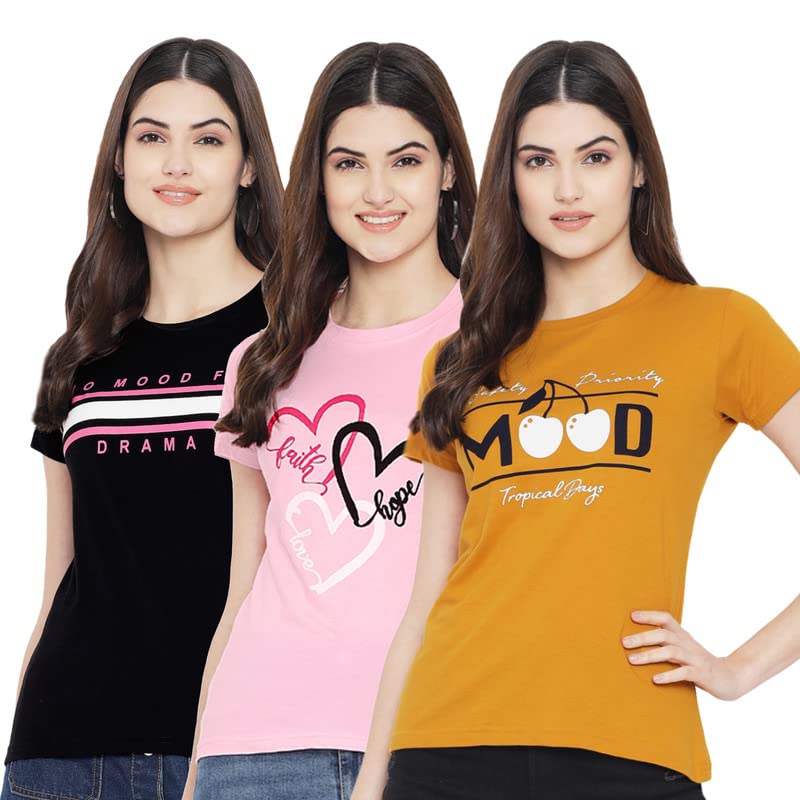 Preneum Womens Cotton Regular Fit Latest Graphic Stylish Printed Short Sleeves Casual T-Shirt || Latest Trendy & Styling (Pack