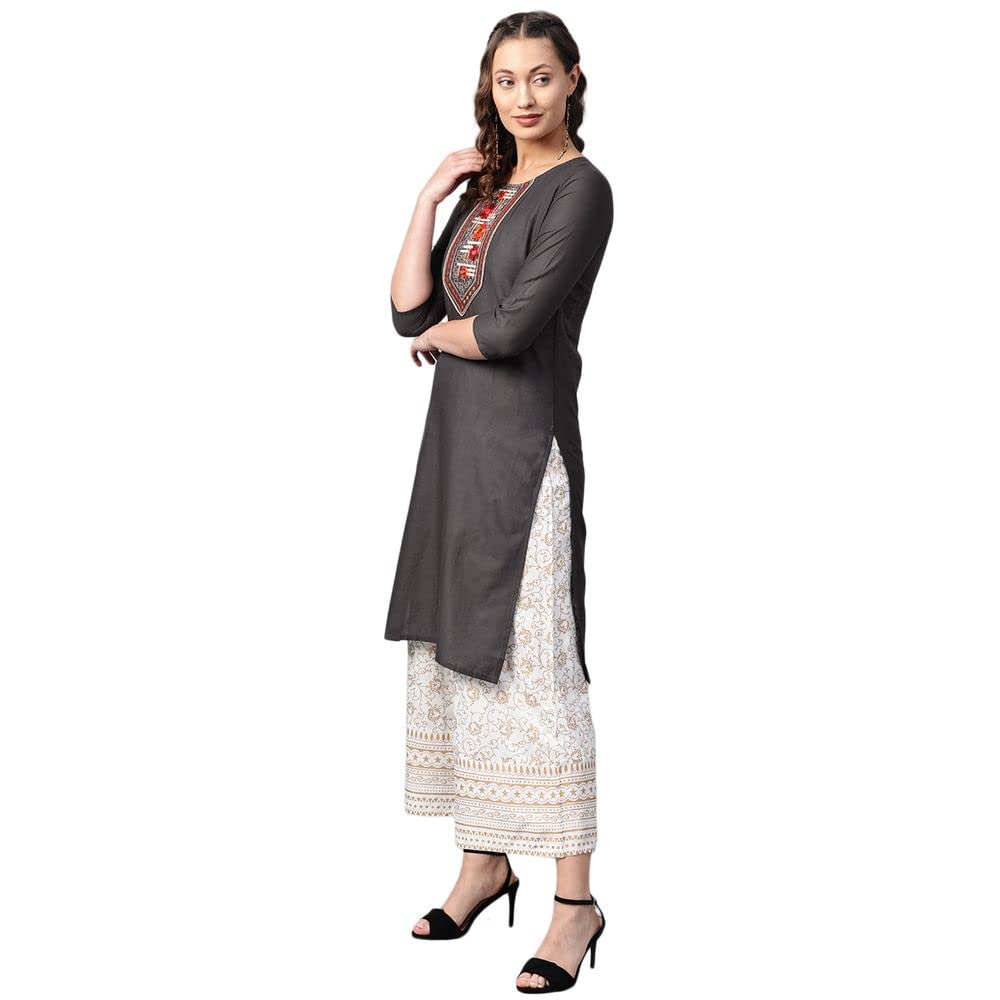 anubhutee Women Charcoal Grey Yoke Design Straight Cotton Kurta