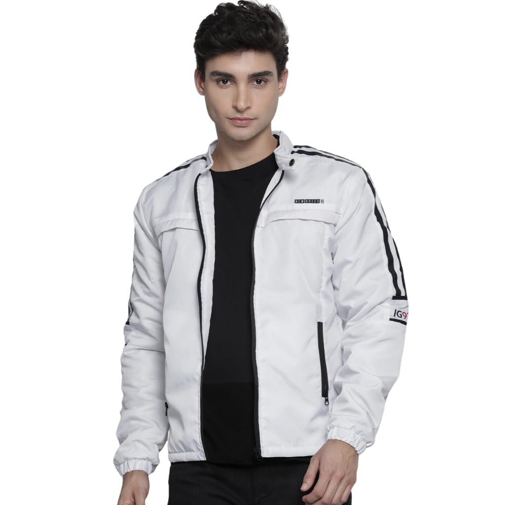 The Indian Garage Co Men White Slim Fit Placement Printed Bomber Jacket