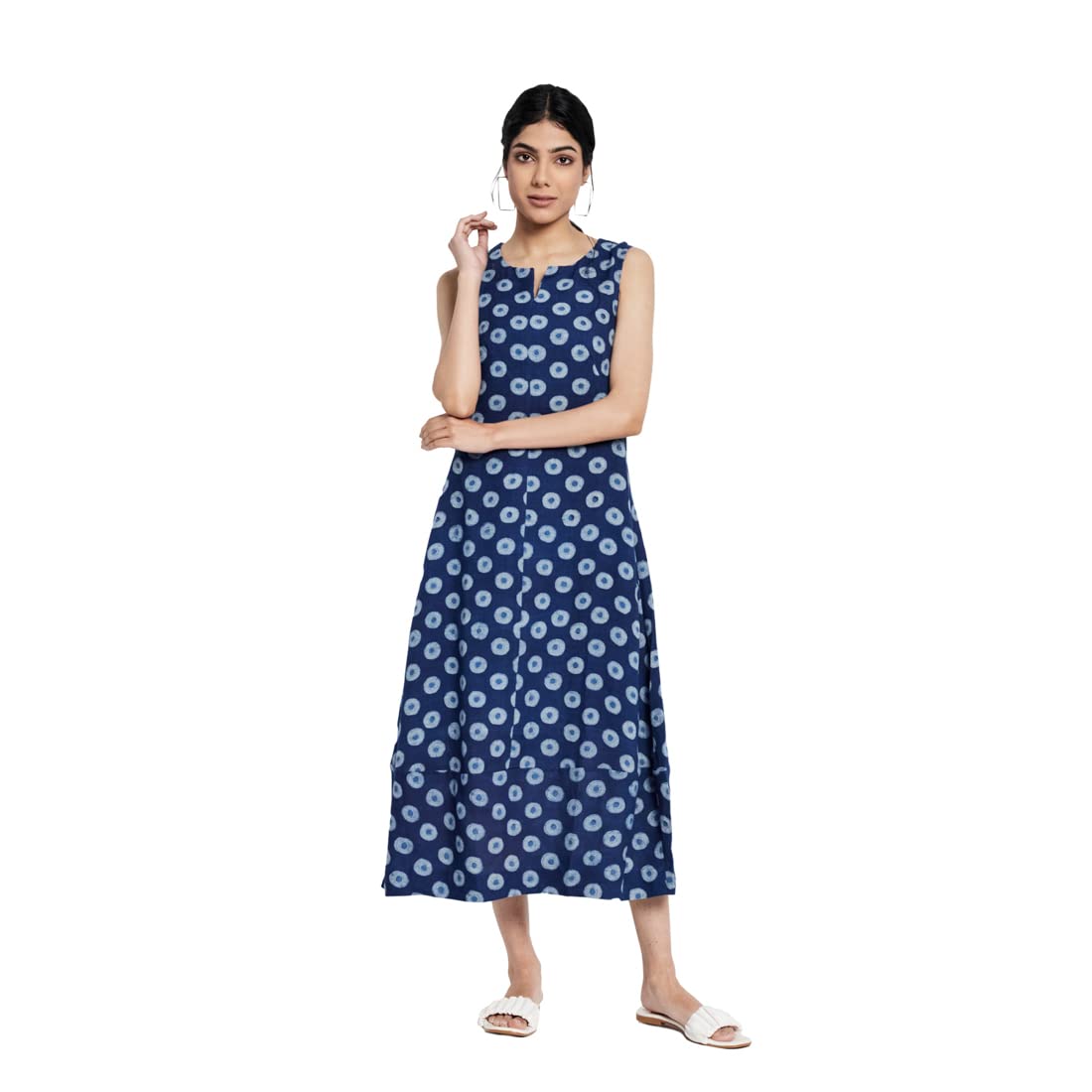 Fabindia Women Dabu Printed Dress Linen_Xs Navy Blue