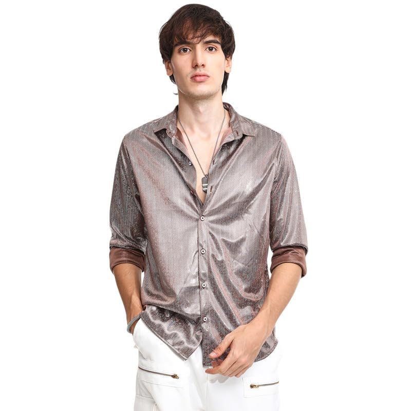 Campus Sutra Mens Metallic Brown Sheen Chevron Shirt for Casual Wear | Spread Collar | Long Sleeve | Button Closure | Shirt Cra
