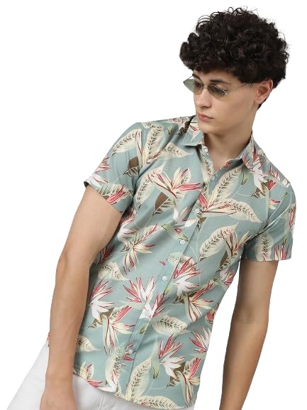Lookmark MenS Trendy Cotton Blend Spread Collar Half Sleeve Printed Shirt ||Green Coloured Shirt For Men ||Az-Lm-P1-Printed Shi